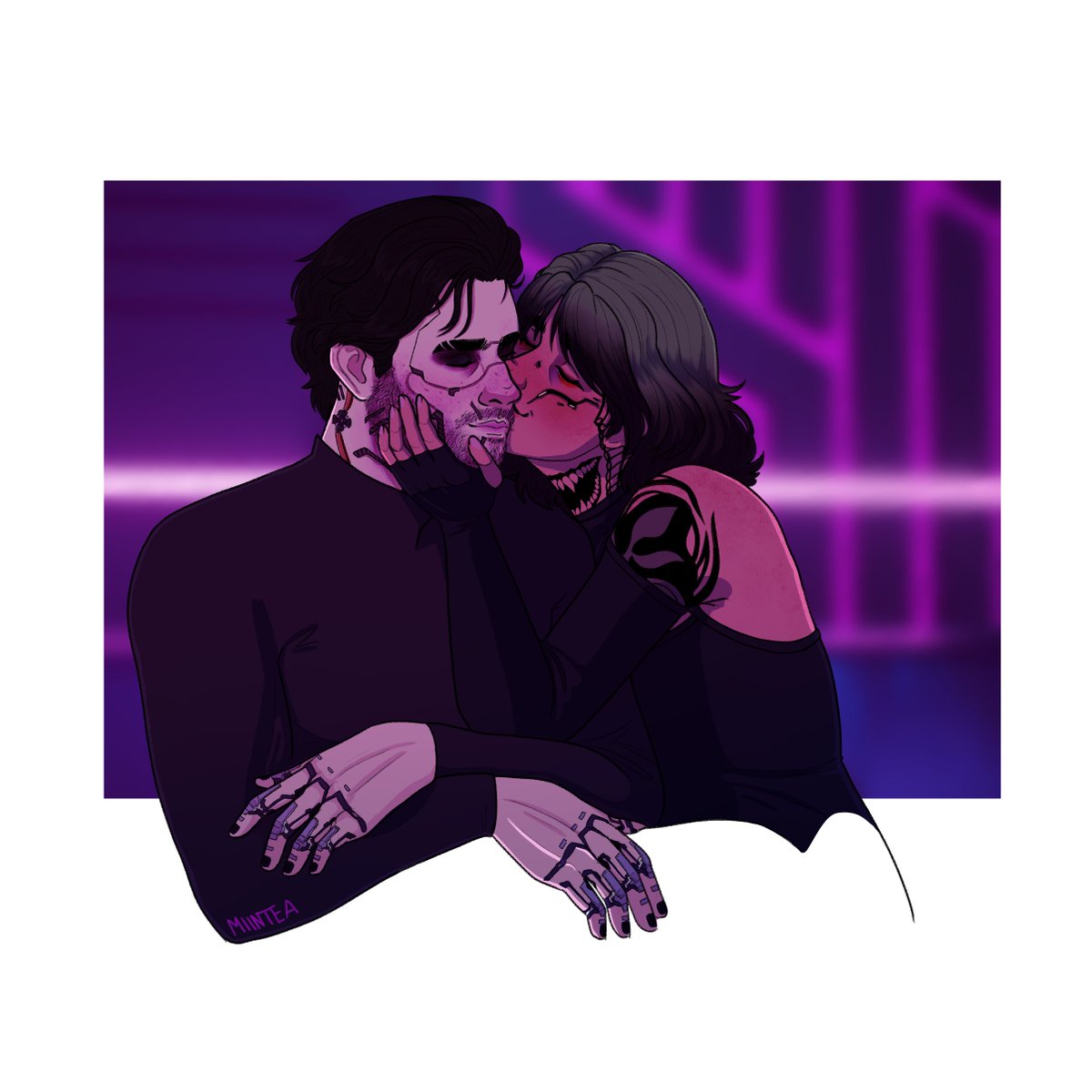 _miintea_'s tweet photo. trying to do some stuff for oc kiss week that's happening over on tumblr, so here's day 1!
#ockiss24 #ockissweek #Cyberpunk2077 https://t.co/115g68iJbX
