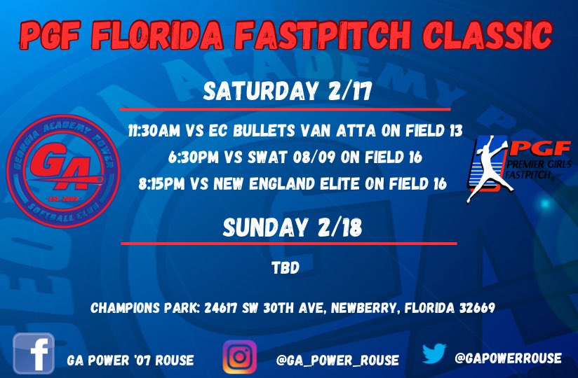 Kicking off our season in the PGF Fastpitch Classic in Newberry Florida! Can’t wait to see these girls back on the field!