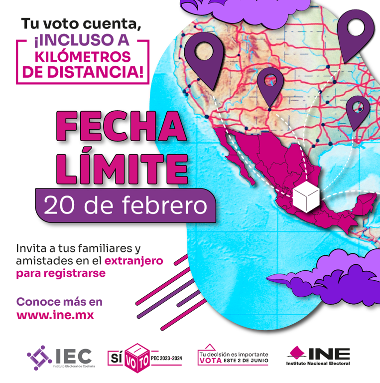 IEC_Coahuila's tweet photo. Invita a tus seres queridos en el extranjero a votar el 2 de junio. 🗳️🌏 ¡Que no dejen pasar el plazo! Deben registrarse antes del 20 de febrero📅 en 👉https://t.co/tAfzfe9bwJ y elegir su modalidad de participación. 📮✨#RegistroVotoExtranjero
🗳️#ParticipaciónCiudadana2024 https://t.co/W0Z9HEHop7