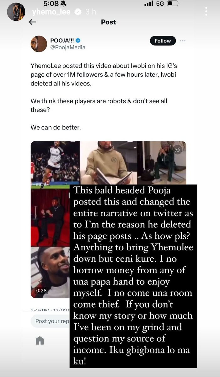 PoojaMedia's tweet photo. Lol at YhemoLee

Iwobi had a bad game, you went to Instagram reels to look for a video mocking him, you didn't post it as a story but slammed it as a post &amp; caption it Azaman, laughed &amp; he's dribbling himself. 

We all know what we are doing. https://t.co/ssMgv0G07h