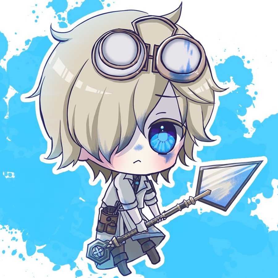 chibi horns blonde hair solo hair over one eye cape holding  illustration images