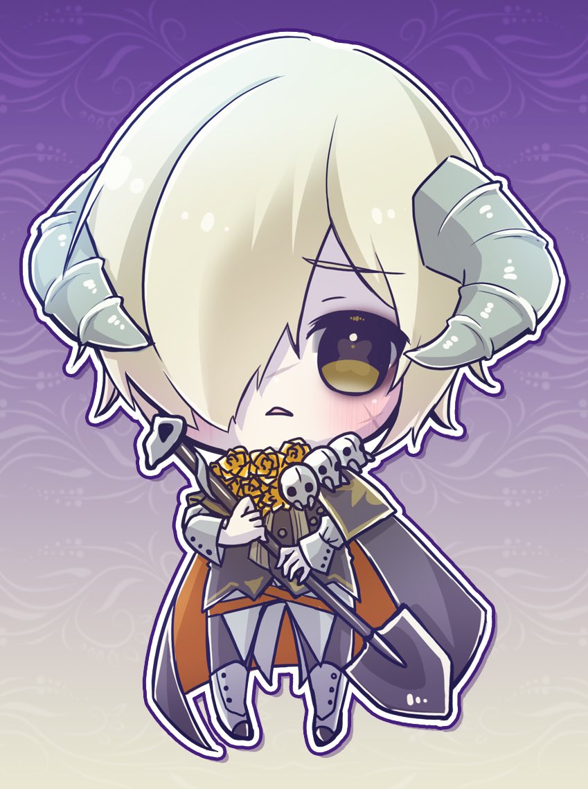 chibi horns blonde hair solo hair over one eye cape holding  illustration images