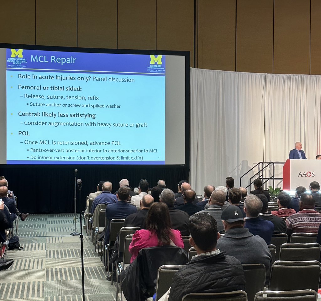 Honored to be a part of this high power panel of complex knee surgeons discussing pearls &amp; pitfalls of multi-ligamentous knee surgery. #STaR @AOSSM_SportsMed <a href="/AAOS1/">AAOS</a> <a href="/UM_MedSport/">UM MedSport</a>  #AAOS2024