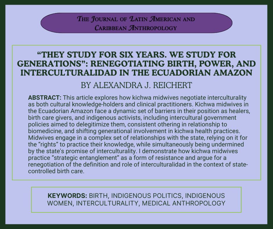 🌟OUT NOW 🌟

Alexandra J. Reichert (of <a href="/VandyAnthro/">VandyAnthro</a>) on kichwa midwives &amp; “strategic entanglement” as a form of resistance. 

Read here ⬇️
doi.org/10.1111/jlca.1…