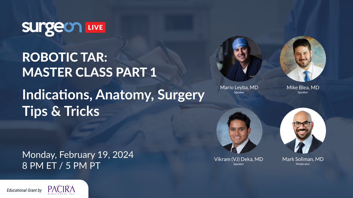 Happening next week on SurgeOn Live! Monday, February 19, at 8 PM ET. Join us for the Robotic TAR Master Class Part 1 Watch the livestream here: share.surgeonapp.com/public/share/c… Download our app: surgeonapp.com/share #MedTwitter #SoMe4Surgery #SurgeOn