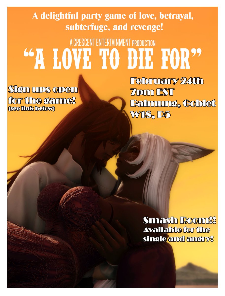 ClubCrescentXIV's tweet photo. https://t.co/vy2jdwkaVn

Game form: https://t.co/L0DaykXoWT

My dears, love is in the air, it's in the blood, and some of that blood is all over the walls! Come celebrate love in the most novel way how, by surviving!
#ffxivrp https://t.co/Ha6XWpjLPf