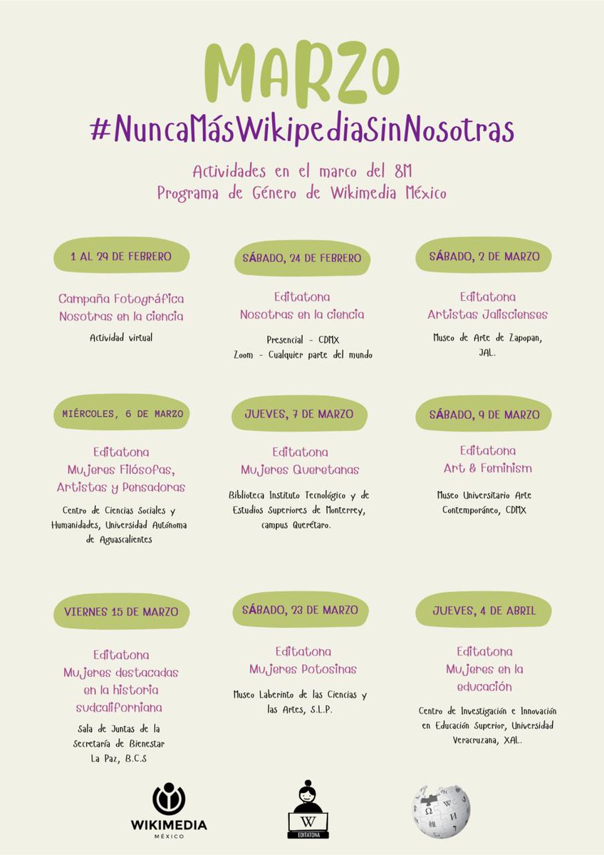 Con mucha emoción, en el marco del #8M de este año les compartimos nuestro calendario de actividades que tendremos en este #MarzoExtendido. 

Acércate, revisa las fechas y participa! 👩📢 

#NuncaMásWikipediaSinNosotras 🌱💜