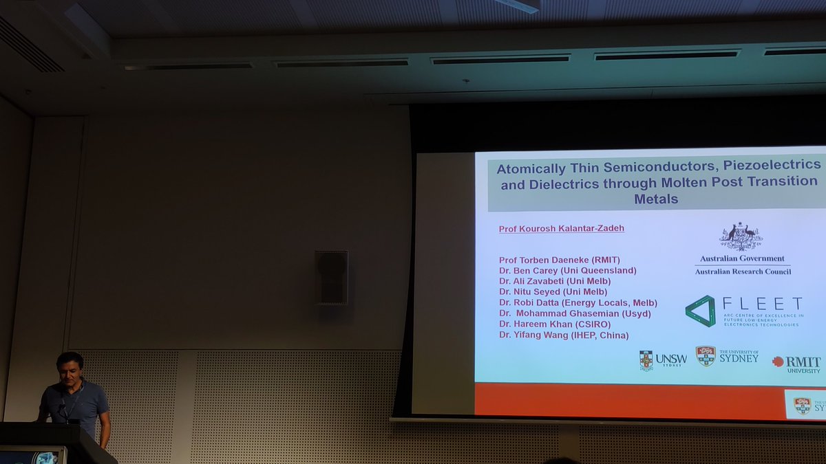 CaboAntonija's tweet image. Excellent opening plenary talk by Prof. T. Odom on designer metasurfaces.
#Electronic #materials session is open by @K_KalantarZadeh @SydneyUni_Media showcasing the power of liquid #metal exfoliation #iconn24