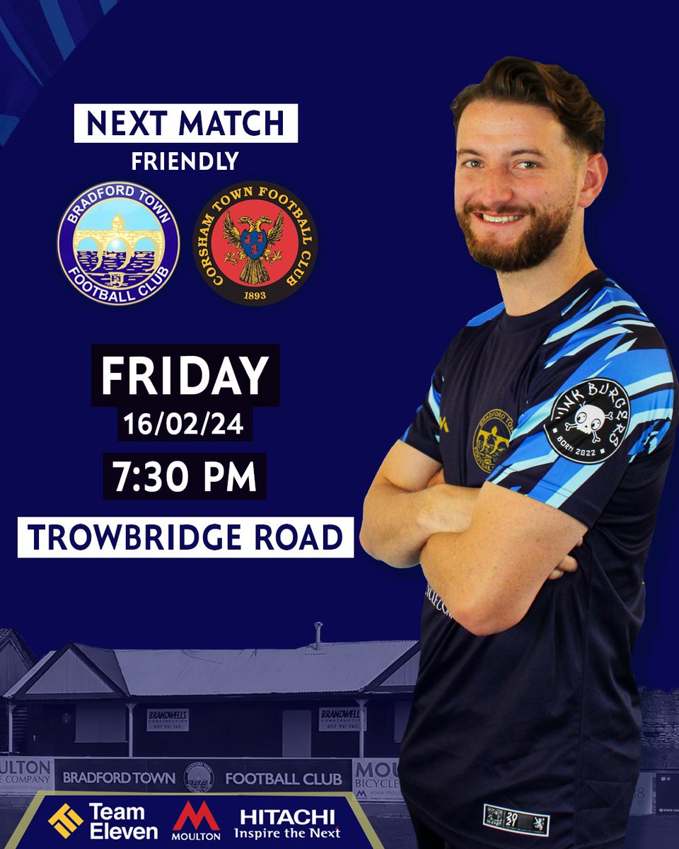 This Friday. 📆

We welcome <a href="/CorshamTownFC/">Corsham Town Football Club</a> to Trowbridge Road for a mid-season friendly.

Entrance is free for all supporters and the clubhouse will be open from 6:30pm.

#BTNCOR | #BTFC