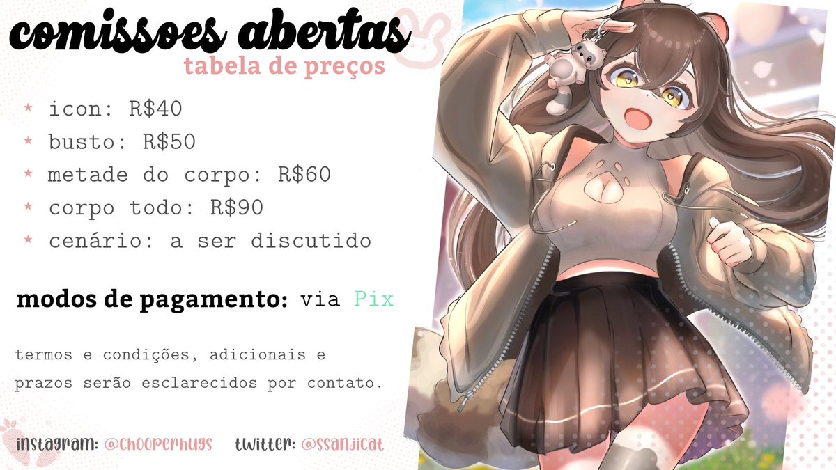 sanjisladie's tweet photo. 🎀 COMISSÕES ABERTAS 🎀

oi, gente!

Depois de muito tempo resolvi abrir as comissões de desenhos 😽 Para mais informações é só me chamarem na dm ou no Instagram que estarei a disposição! https://t.co/eLvwr09GvW