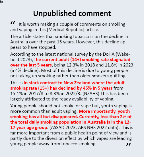 The <a href="/Medicalrepublic/">The Medical Republic</a> published an article on the HILDA survey
Here is my comment on the smoking and #vaping data which needs further explanation

medicalrepublic.com.au/teens-far-more…
