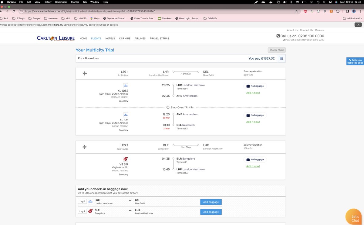 deeptiamit's tweet photo. @carltonleisure_ 
Made flight booking with option of direct return flights from BLR to LHR however dismayed to see the return was booked for totally different flights that were not even coming for search.
Customer care is not even listening and doing argument https://t.co/N6K1Ws7fDn