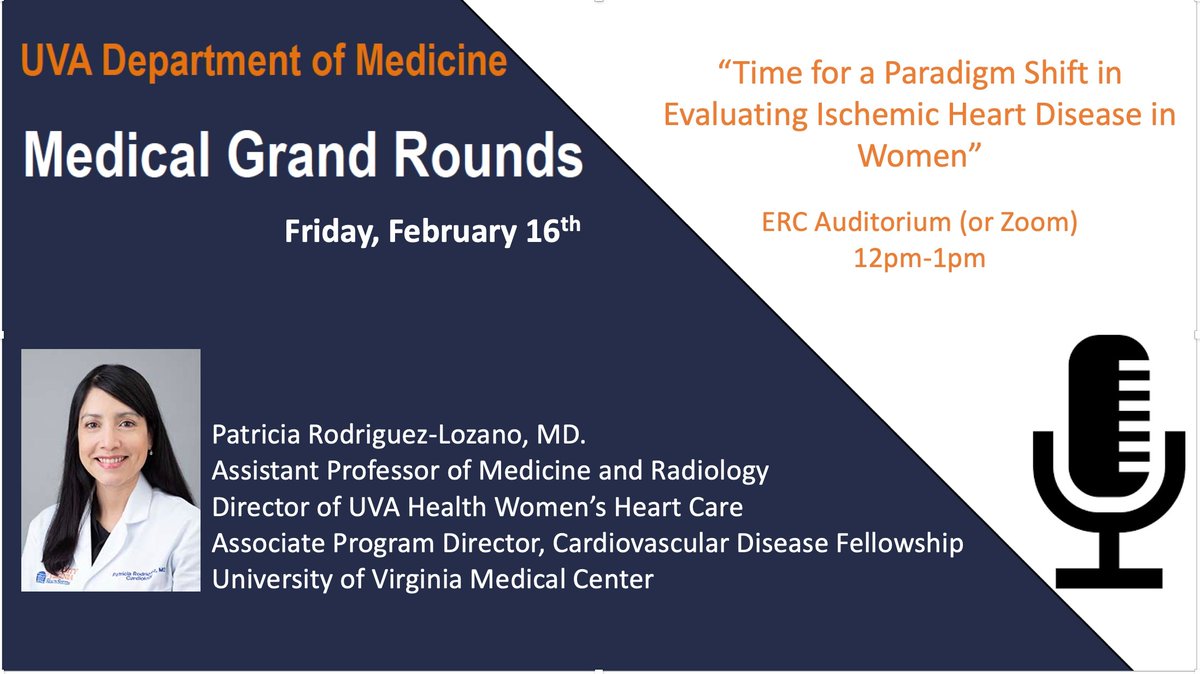 UVA Department of Medicine (@uvadom) on Twitter photo Join us Friday at 12 p.m. in the ERC or via Zoom for Medicine Grand Rounds. Our guest will be Dr. Patricia Rodriguez-Lozano, Div of Cardiology, who will speak to us on "Evaluating Ischemic Heart Disease in Women." #UVAMedicine <a href="/CardioUva/">UVA Cardio</a> <a href="/ChrisKramerMD/">Christopher Kramer MD</a> <a href="/PRodriguezMD/">Patricia Rodriguez Lozano MD, MS</a> Join us Friday at 12 p.m. in the ERC or via Zoom for Medicine Grand Rounds. Our guest will be Dr. Patricia Rodriguez-Lozano, Div of Cardiology, who will speak to us on "Evaluating Ischemic Heart Disease in Women." #UVAMedicine <a href="/CardioUva/">UVA Cardio</a> <a href="/ChrisKramerMD/">Christopher Kramer MD</a> <a href="/PRodriguezMD/">Patricia Rodriguez Lozano MD, MS</a>