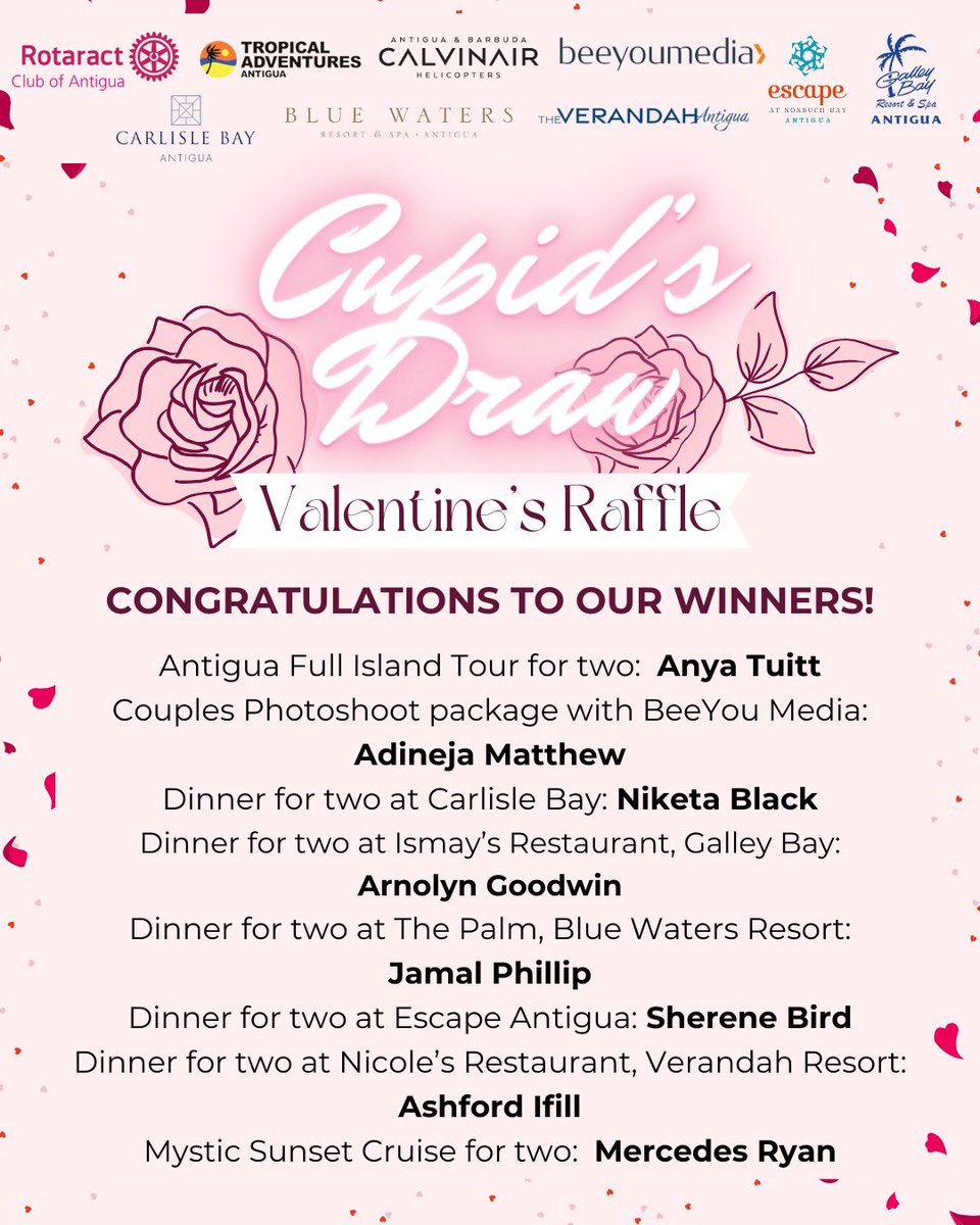 RotaractAnu's tweet photo. Thank you to everyone who entered our Cupid’s Draw Raffle. Here is our list of winners who will be contacted tomorrow morning to claim their lovely prizes. 💕 Thank you for all our sponsors for coming on board. Look out for future fundraisers and projects from Rotaract Antigua. https://t.co/c6WVEOJmwk