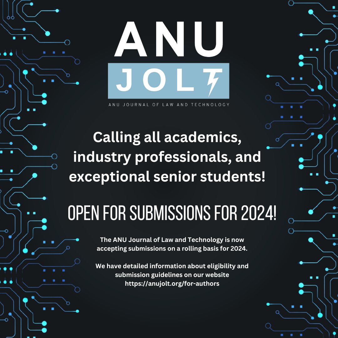 🔔 The ANU Journal of Law and Technology is now accepting submissions for Volume 5 Issue 1! 🔔 If you are an academic, lawyer, industry professional or exceptional senior law student, we welcome your high quality academic works in the intersection of law and technology.