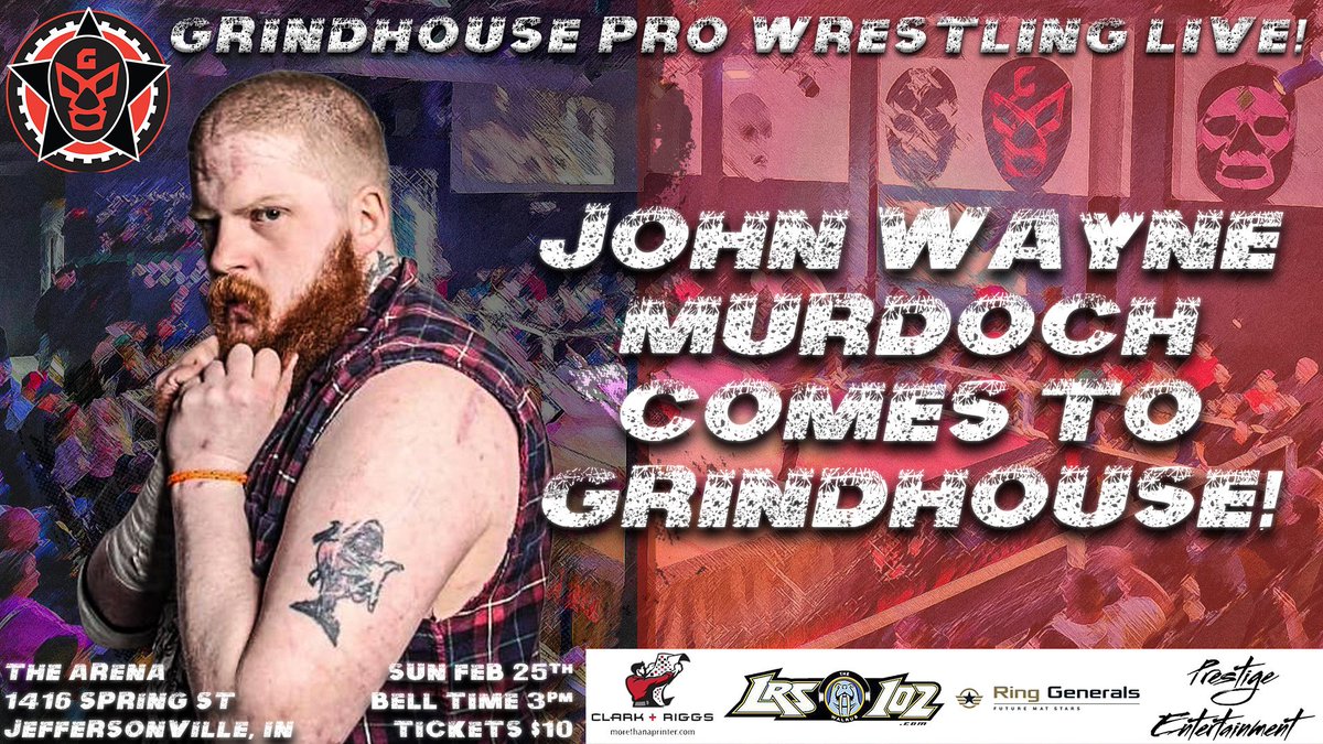 Grindhouse Pro Wrestling (@grindhousex) on Twitter photo On Sun Feb 25 <a href="/johnmurdoch25/">John Murdoch</a> will be in the Grindhouse! 🤯😱
Sun Feb 25, 3 PM
The Arena
1416 Spring St
Jeffersonville, IN
🎟️🔗: simpletix.com/e/grindhouse-p…
Sponsored by <a href="/ClarknRiggs/">Clark And Riggs</a> <a href="/LRS102TheWalrus/">Skinny J_102</a> Prestige Entertainment & Ring Generals
#WWERaw On Sun Feb 25 <a href="/johnmurdoch25/">John Murdoch</a> will be in the Grindhouse! 🤯😱
Sun Feb 25, 3 PM
The Arena
1416 Spring St
Jeffersonville, IN
🎟️🔗: simpletix.com/e/grindhouse-p…
Sponsored by <a href="/ClarknRiggs/">Clark And Riggs</a> <a href="/LRS102TheWalrus/">Skinny J_102</a> Prestige Entertainment & Ring Generals
#WWERaw