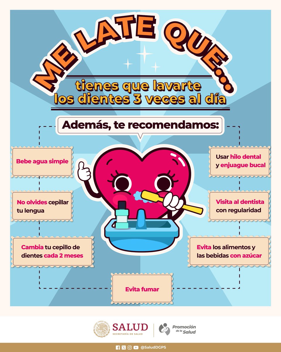 SaludDGPSP's tweet photo. Una rutina diaria básica es el lavado de dientes y es que tras cada comida deben eliminarse las bacterias acumuladas, que, si no se cepillan, a la larga deterioran tus dientes provocando enfermedades. 😁👍🪥  #MeLateQue https://t.co/e9E75Djfzw