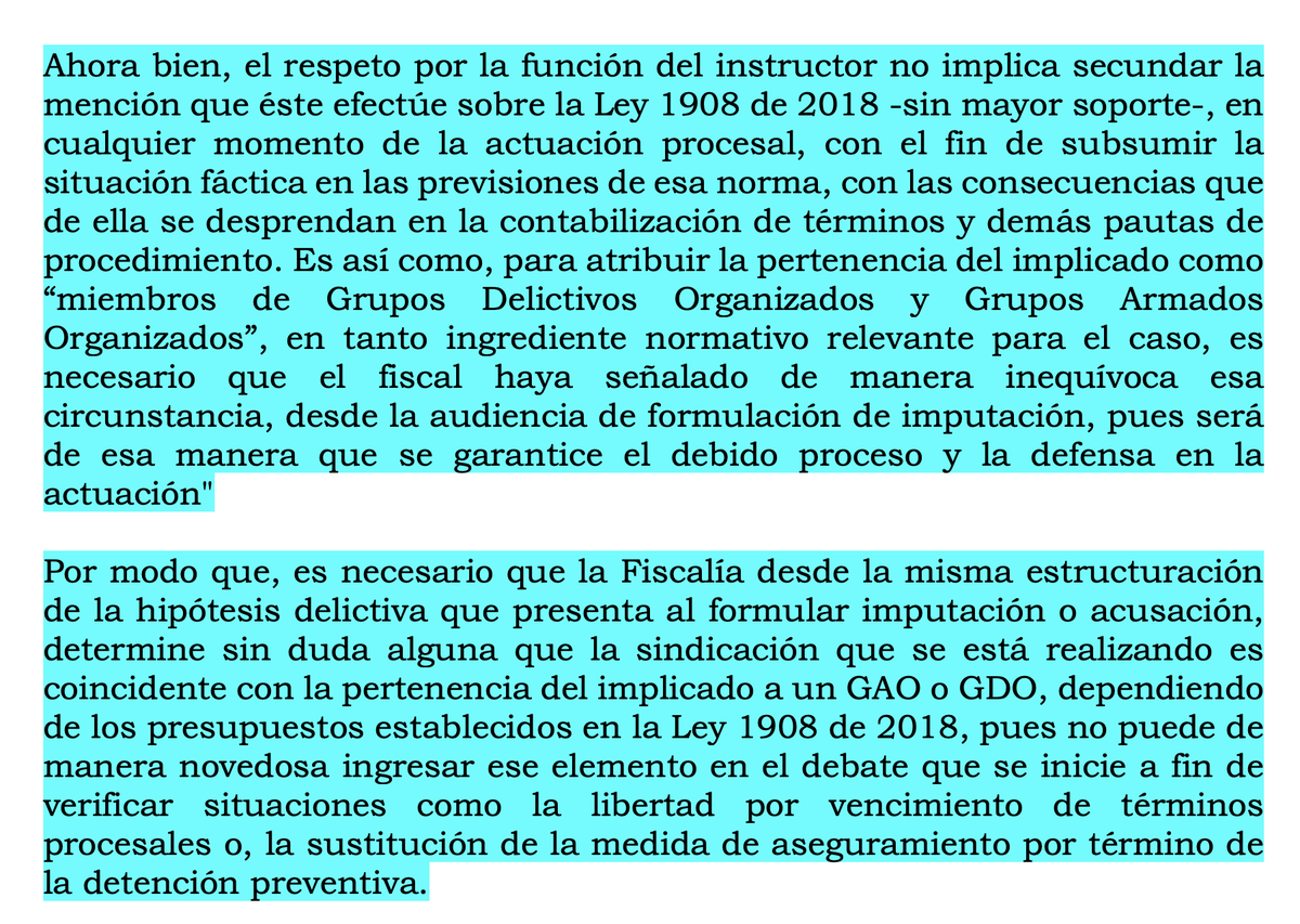 alfesac's tweet photo. "la Fiscalía desde la misma estructuración de la hipótesis delictiva que presenta al formular imputación o acusación, determine sin duda alguna que la sindicación que se está realizando es coincidente con la pertenencia del implicado a un GAO o GDO" No solo debe citar la ley. https://t.co/qDz2KqMBal