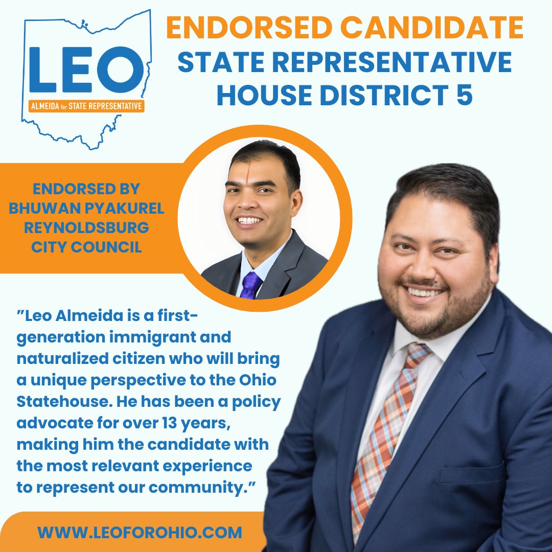 LeoforOhio's tweet photo. Endorsement Alert! I’m proud to be endorsed by Reynoldsburg City Councilman Bhuwan Pyakurel! In 2019 he became the first Bhutanese American to be elected to public office in the US. Bhuwan and I share a passion for ensuring marginalized communities are represented in government. https://t.co/6xqBemMDVL