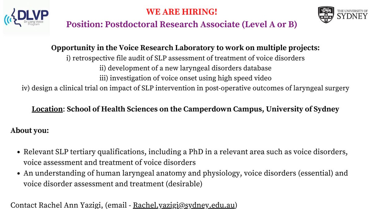 The University of Sydney Voice Lab (@voicelab_usyd) on Twitter photo We are hiring!!
Click on the link below to apply.
seek.com.au/job/73639880
Come join us! <a href="/Cate_Madill/">Dr Cate Madill (she/her)</a> <a href="/SydneyVoice/">A/Prof Daniel Novakovic (he/him)</a> <a href="/Sydney_Uni/">University of Sydney</a> <a href="/syd_health/">Sydney Health</a> We are hiring!!
Click on the link below to apply.
seek.com.au/job/73639880
Come join us! <a href="/Cate_Madill/">Dr Cate Madill (she/her)</a> <a href="/SydneyVoice/">A/Prof Daniel Novakovic (he/him)</a> <a href="/Sydney_Uni/">University of Sydney</a> <a href="/syd_health/">Sydney Health</a>