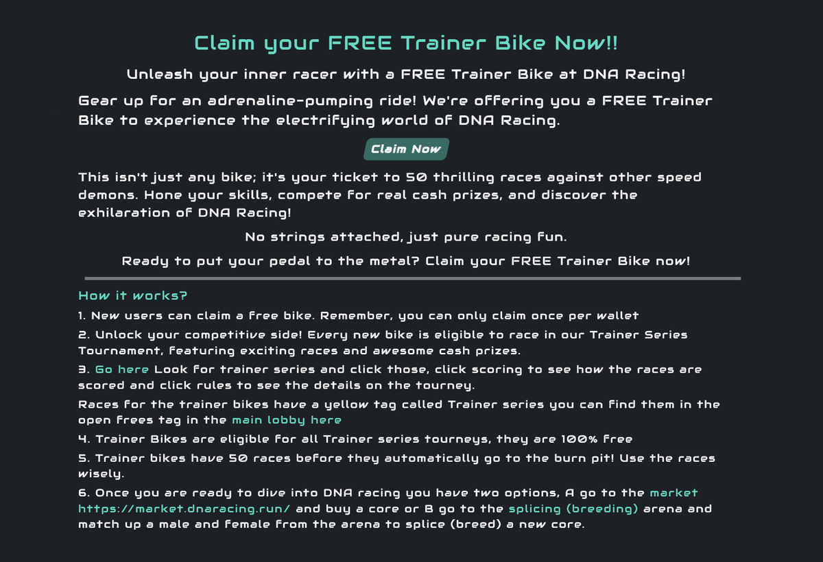 Spotonparts's tweet photo. Free Trainer bike, free races for real cash, no brainer

try it out for free and you can win real cash prizes in the 24-7 eth payout trainer tourneys!

you don't need to do anything except race in frees!

@DNARacing2023 

link to claim your trainer
https://t.co/SzBKJEKuFG