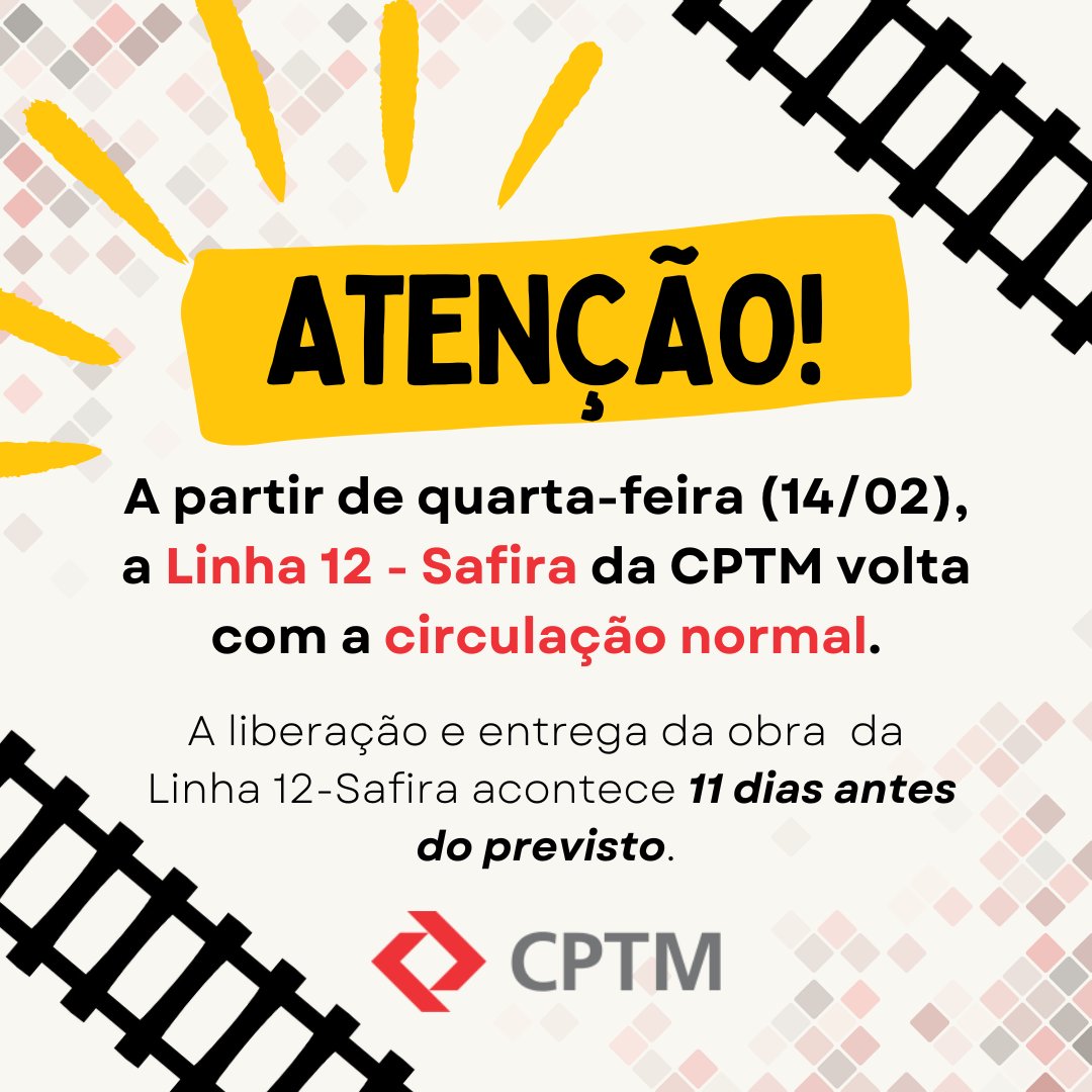 CPTM_oficial's tweet photo. #InformeCPTM - Linha 12-Safira da CPTM volta a operar normalmente após entrega de obras. https://t.co/BkU5xvWe03