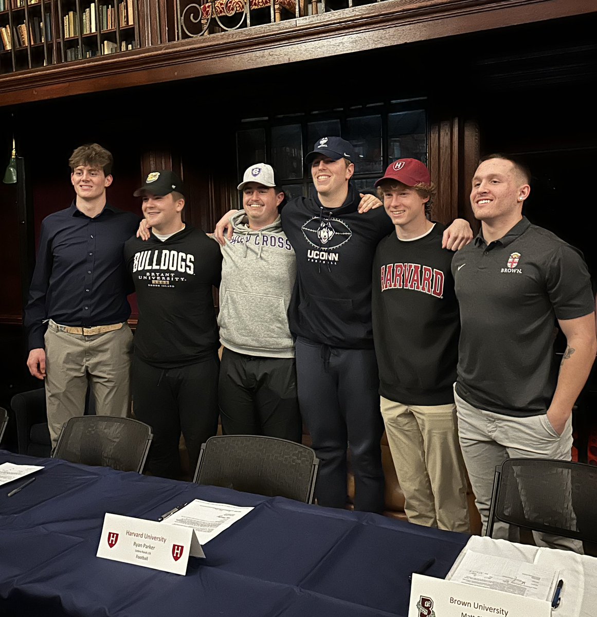 Congrats to these Milton athletes who signed letters of intent tonight to play football at NCAA D1 colleges—Bryce Anderson (UConn), Matt Childs (Brown), Brady Earle (Holy Cross), Will Grant (Maine), Owen Howlett (Bryant), and Ryan Parker (Harvard)!