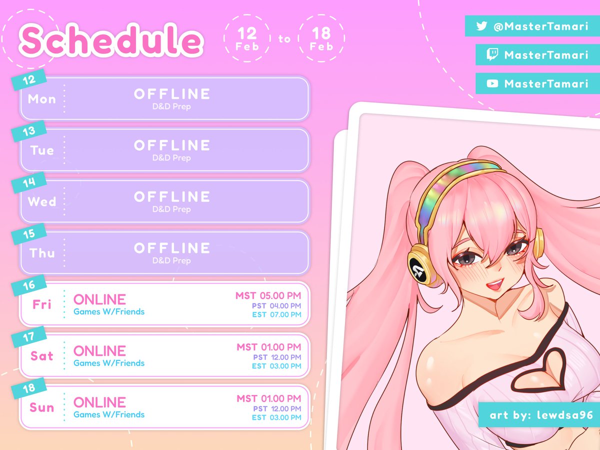 MasterTamari's tweet photo. I forgot to post last week’s schedule, but here is my streaming schedule for this week! Not much scheduled until the weekend, but if I find some free time I’ll try to stream. I hope everyone has a great week, and I’ll see you soon💗 https://t.co/Hj9iHNh36w