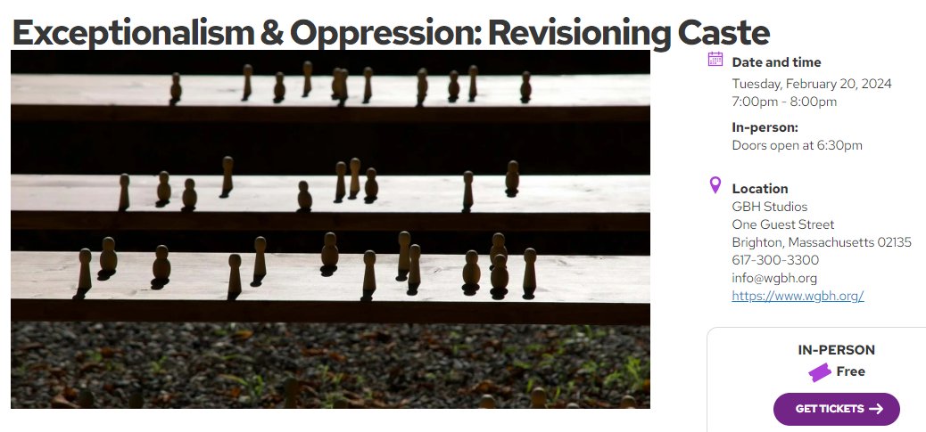 On Feb 20 @GBHNews Brighton, MA, conversation on #caste w/ @empurpler (new memoir 'Correctional”), Chellamal Keshavan (Candidate MAsters Public Policy UEP, Tufts) @ArunRath (All Things Considered) & @surajyengde (W.E.B. Dubois fellow at Harvard) Save spot: wgbh.org/forum-network/…