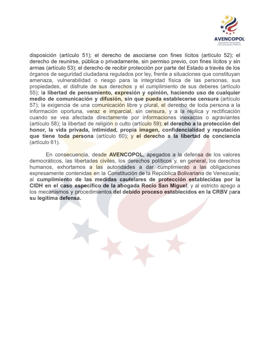 #DondeEstaRocio | Desde AVENCOPOL rechazamos la arbitraria detención de la abogada, <a href="/rociosanmiguel/">Rocío San Miguel</a>, reputada defensora de DD.HH. y Presidenta de la ONG Control Ciudadano, la cual fue detenida el pasado 9 de febrero en el aeropuerto de Maiquetía junto a su hija.

#Comunicado 👇🏽
