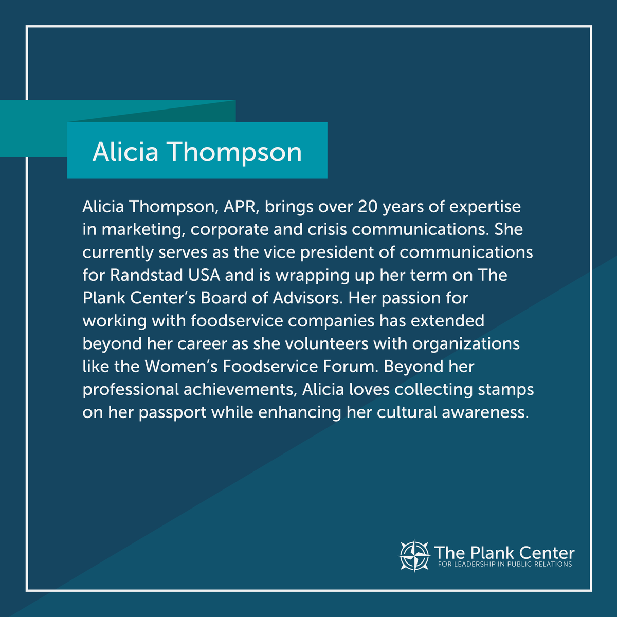 In honor of Black History Month, The Plank Center is excited to begin a new series: Spotlighting Black Leaders of Public Relations! Today, we highlight the accomplishments of one of our esteemed board members, Alicia Thompson. Learn more about Alicia through her LinkedIn!