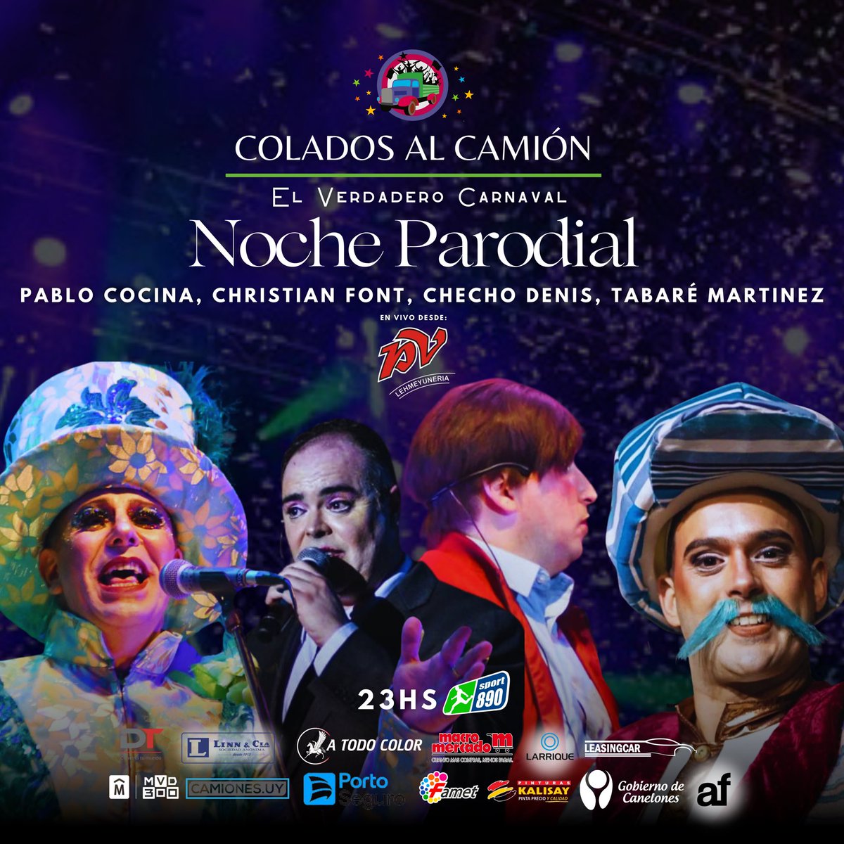 coladoscarnaval's tweet photo. #NocheParodial🎩

⏰A partir de las 23hs por @Sport890 📻 en vivo desde el Ponte Vecchio , Pablo Cocina,  @christianfont @ChechoDenis12 y Tabare Martínez en la mesa de 
#ElVerdaderoCarnaval🎭

📻 Sport 890
💻 https://t.co/p40RRPTqgV https://t.co/EvliBCnAz3