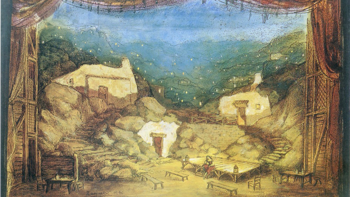 MetOpera's tweet photo. Beloved director and designer Franco Zeffirelli was born on this day 101 years ago! 🎊  Zeffirelli’s iconic productions grace the Met stage to this day, but in honor of his birthday, we wanted to share the original sketches for his 1996 production of Bizet’s Carmen. https://t.co/nfoupBKI0D