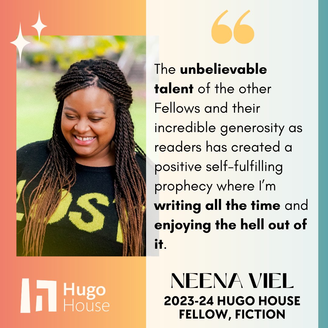 Hugo Fellow Neena Viel's writing has been hailed as, “Jordan Peele meets Grady Hendrix.” We caught up with Neena to learn more about her current project ahead of the Hugo Fellows Mid-Year Reading this Thursday! hugohouse.org/2024/02/neena-…