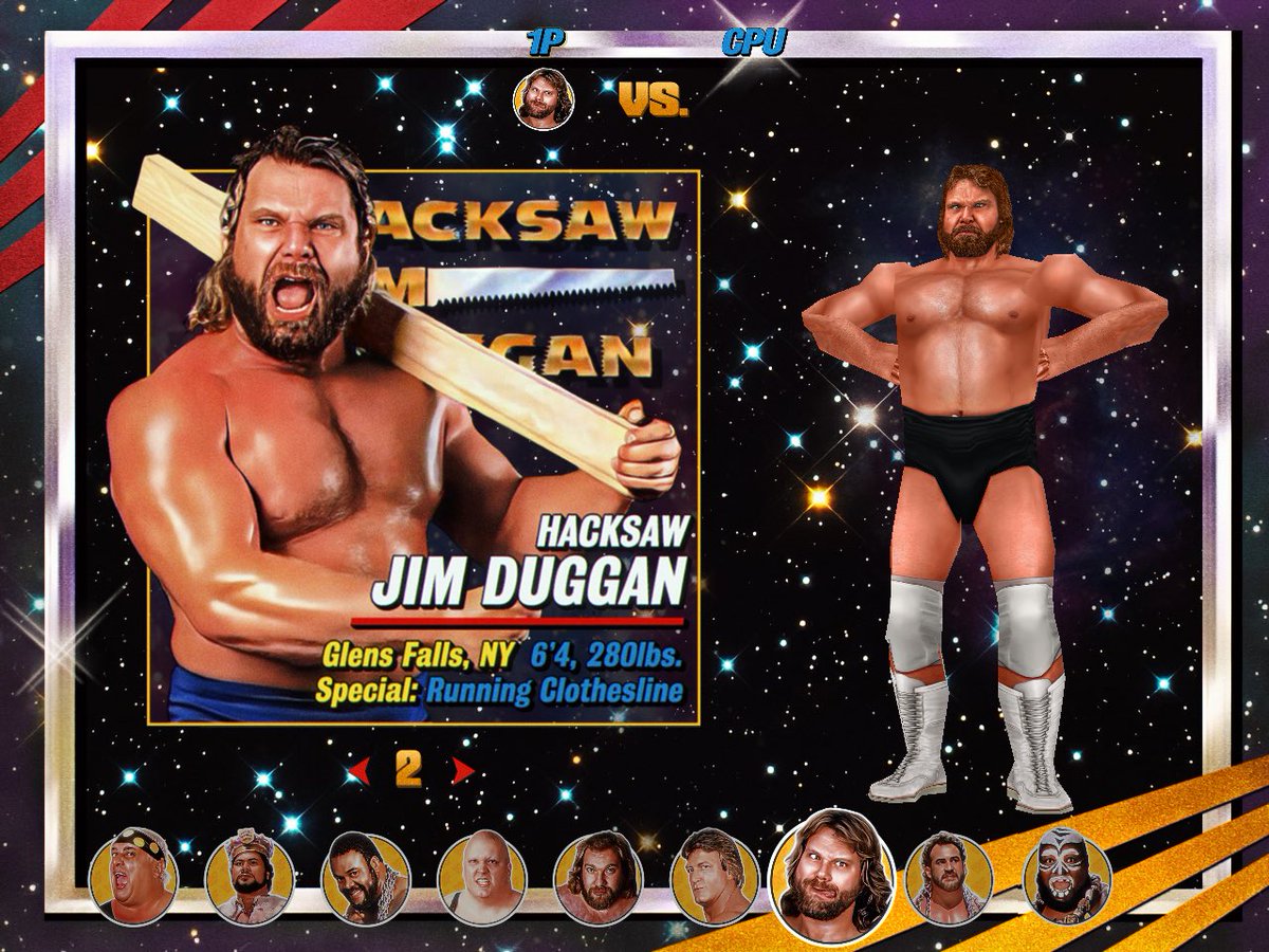 WWFLegends64's tweet photo. Hooooooooo! Watch out all you Fancy Dan Legends, ol’ Hacksaw Jim Duggan is marching into #Challenge64 with 2x4 in hand and he’s got one eye on the prize and the other on YOU, tough guy!

Coming soon. https://t.co/kuylK6Q2at