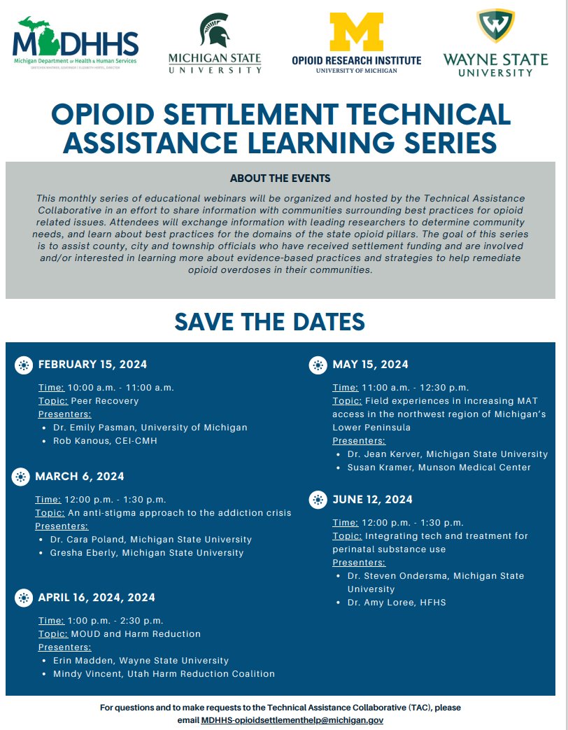 @PasmanEmily will present Leveraging the Capacity of Peer Providers to Improve Substance Use Services virtually Thursday, February 15th @ 10am as part of the 2024 Opioid Settlement Technical Assistance Learning Series. @waynestate @umichdash Register: events.wayne.edu/2024/02/15/tac…