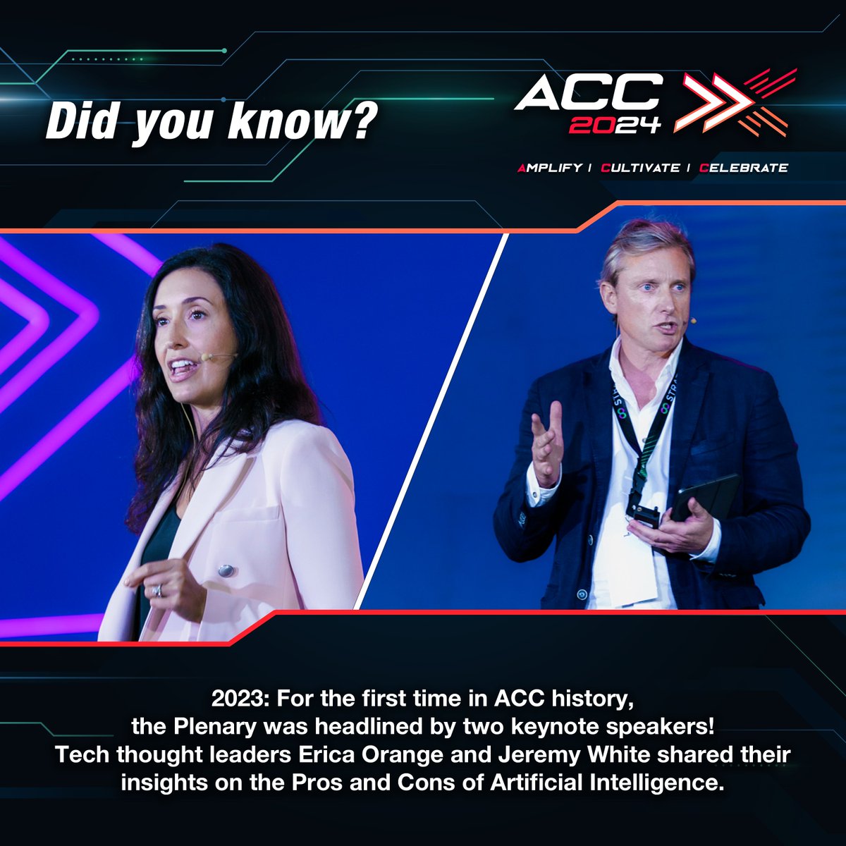 The ACC 2023 Plenary was quite colorful! Renowned futurists Erica Orange and Jeremy White graced the ACC stage to give their take on the latest innovation to disrupt the tech scene: Artificial Intelligence!