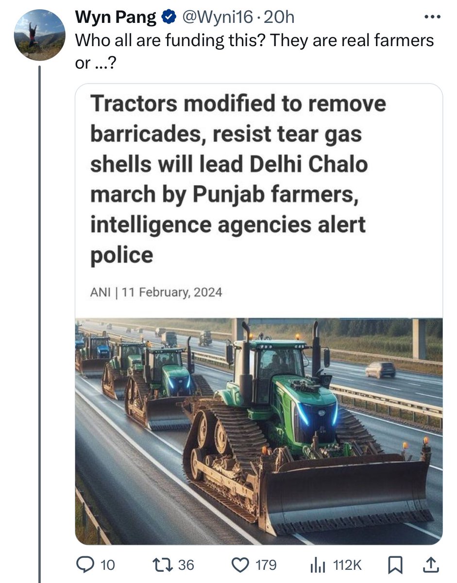 Tractor2twitr_P's tweet photo. Highly intimidating misinformation is being spread by pro-government accounts.

AI-generated pictures are being used to create an atmosphere of fear against farmers.

Such tractors do not exist in India.

#FarmersProtest
#FarmersProtest2024 https://t.co/axONHEi8hC