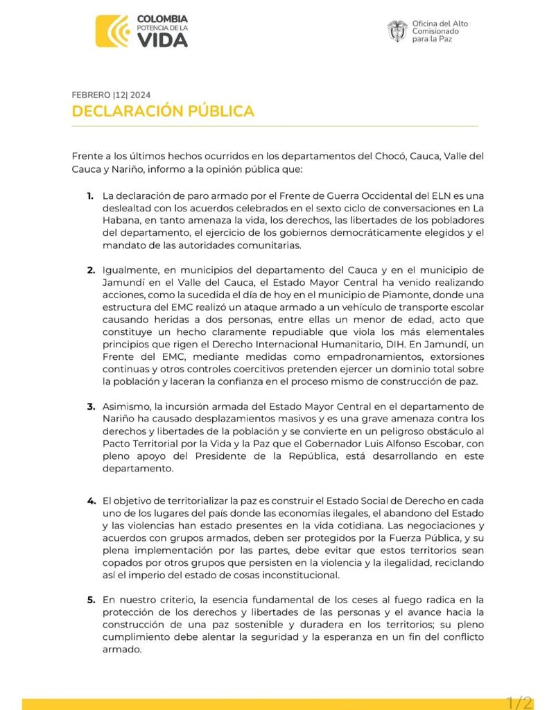 ComisionadoPaz's tweet photo. 🚨Atención | Declaración pública del Consejero Comisionado de Paz, Otty Patiño, frente a los últimos hechos ocurridos en los departamentos del Chocó, Cauca, Valle del Cauca y Nariño, informo a la opinión pública que: https://t.co/r6RWzx72ZW
