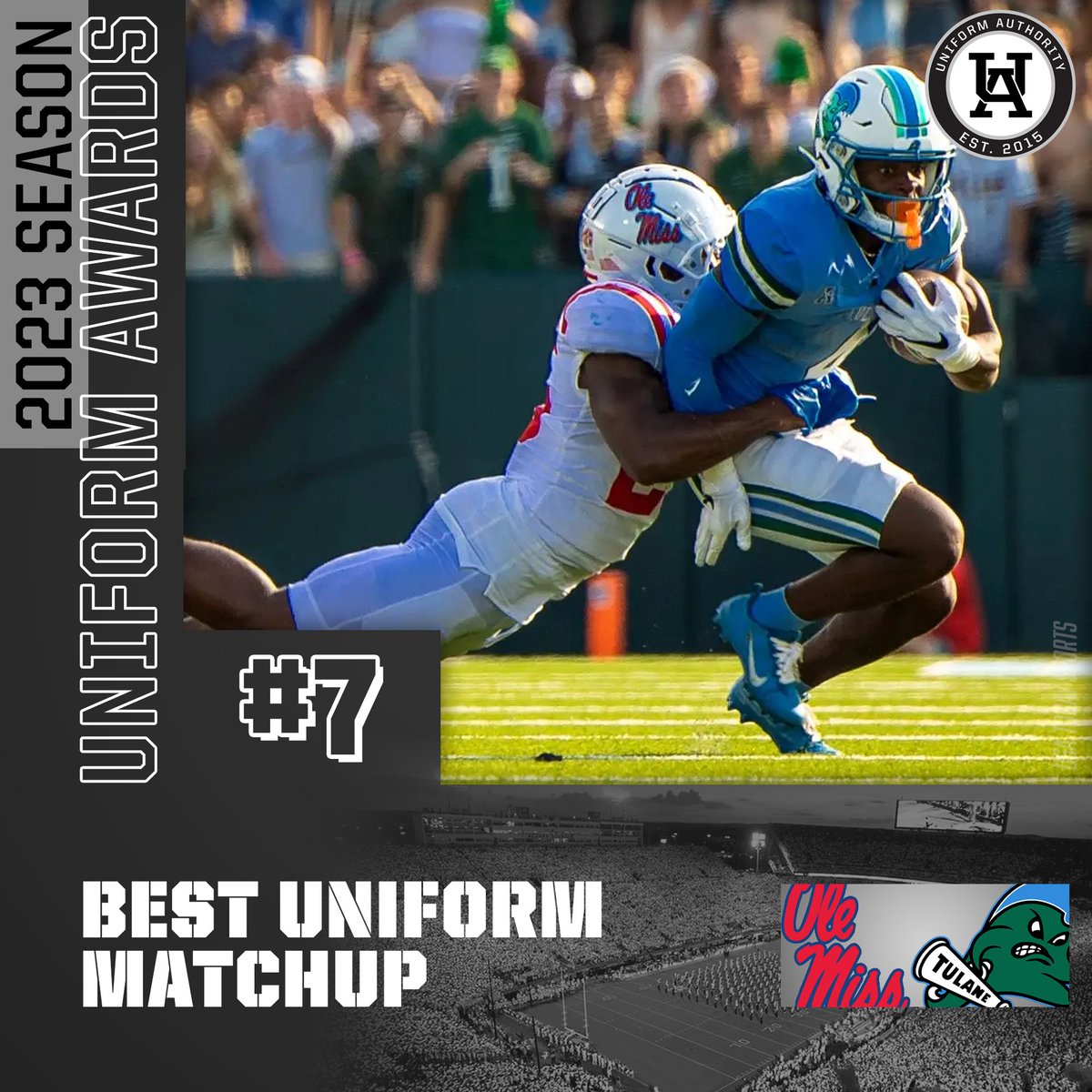 #UniAuthority Best Uniform Matchups of the 2023 College Football Season: 7. @OleMissFB / @GreenWaveFB #UAAwards | @olemisseq @TulaneEquipment