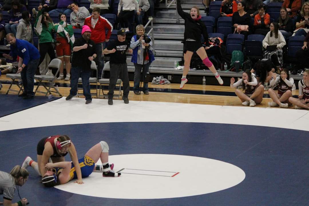 LadyCard_wrestl's tweet photo. The winning moment of Caydence Carter punching her ticket to state, and yes, we think @zoebrownm can fly. 

Photo credit: True Passion Photography https://t.co/VaOCngNjU1