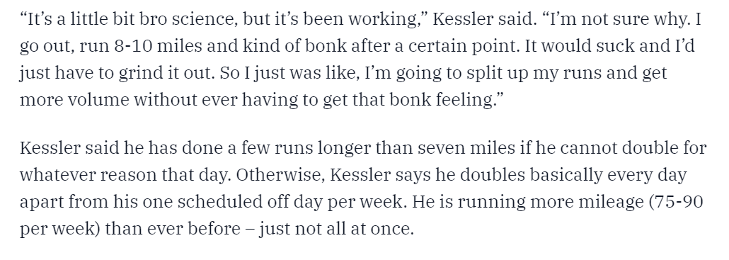 jgault13's tweet photo. Hobbs Kessler gave an intriguing interview after his 3:48 mile at Millrose, explaining how he and coach Ron Warhurst have overhauled his training and largely eliminated runs of 7+ miles.

He said it's "a little bit bro science, but it's been working."
https://t.co/dR0IMhqjAu https://t.co/8m39ATDC7G