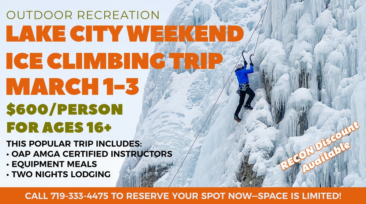 Join us for another Lake City Ice Climbing Weekend! ❄️ $600 per person. March 1 -3. Ages 16+ Call 719-333-4475 to reserve your spot. Space is limited. #usafa #10fss