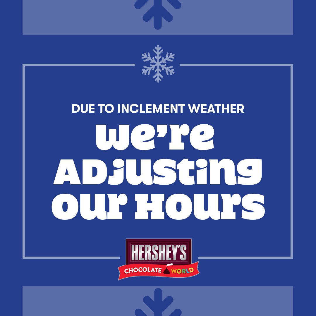 Due to the forecasted inclement weather overnight and into tomorrow morning, Chocolate World’s opening will be delayed to 11am on Tuesday 2/13/24. We expect to continue normal business operations for the remainder of the day tomorrow.❄️ Details: spr.ly/6010VUrYn