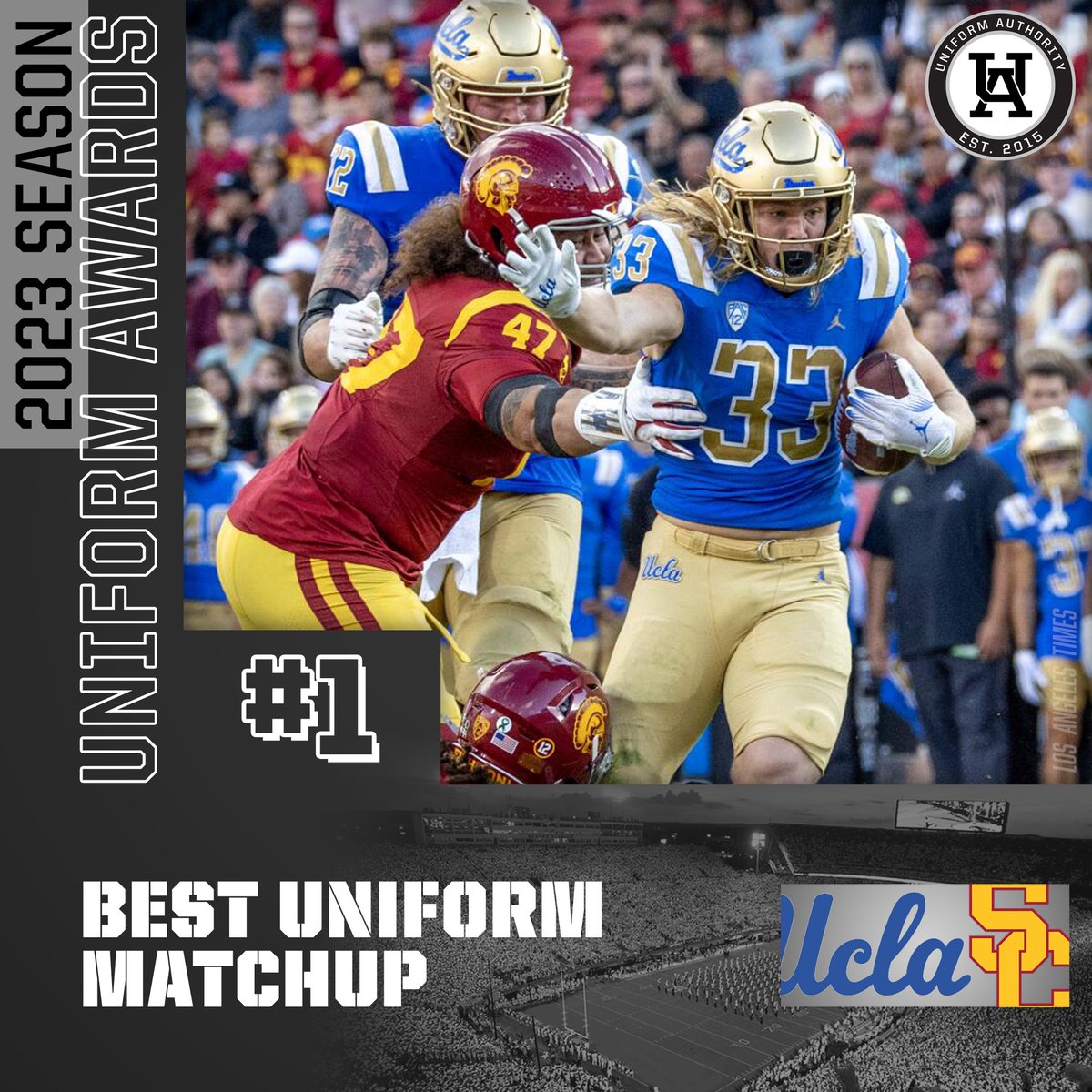 #UniAuthority Best Uniform Matchups of the 2023 College Football Season: 1. @UCLAFootball / @uscfb #UAAwards | @UCLA_EQ @USCEquipment