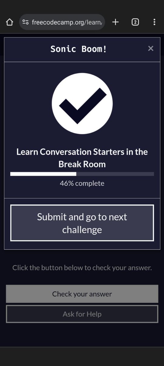 SUMERMULLEN's tweet photo. R3 D37 #100DaysOfCode continued with he A2 English for Developers course continuing with conversations starters in the break room
@freeCodeCamp
✅ Practiced verbs conjugation
, Making 4% progress https://t.co/egXKguN74m