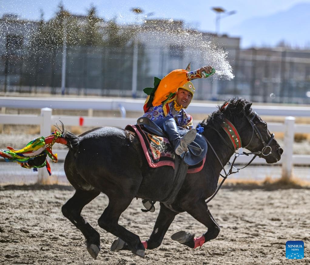 PDChina's tweet photo. Dressed in colorful Tibetan clothes, the equestrian team of southwest China's #Xizang Autonomous Region staged a thrilling display of traditional horse racing in its capital Lhasa on Monday, the third day of the Tibetan New Year. #HorseRacing https://t.co/LuAcuwseXW