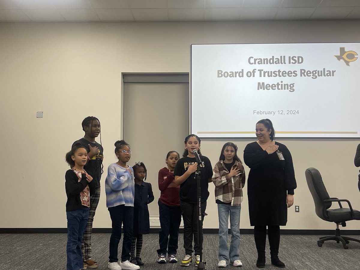 OfficialCISD's tweet image. Opal Smith Elementary students kicked off tonight’s School Board Meeting with the pledge. These students were chosen for being outstanding representatives for their grade level. Great job, Pirates! #CISDBelieves #CISDGrows