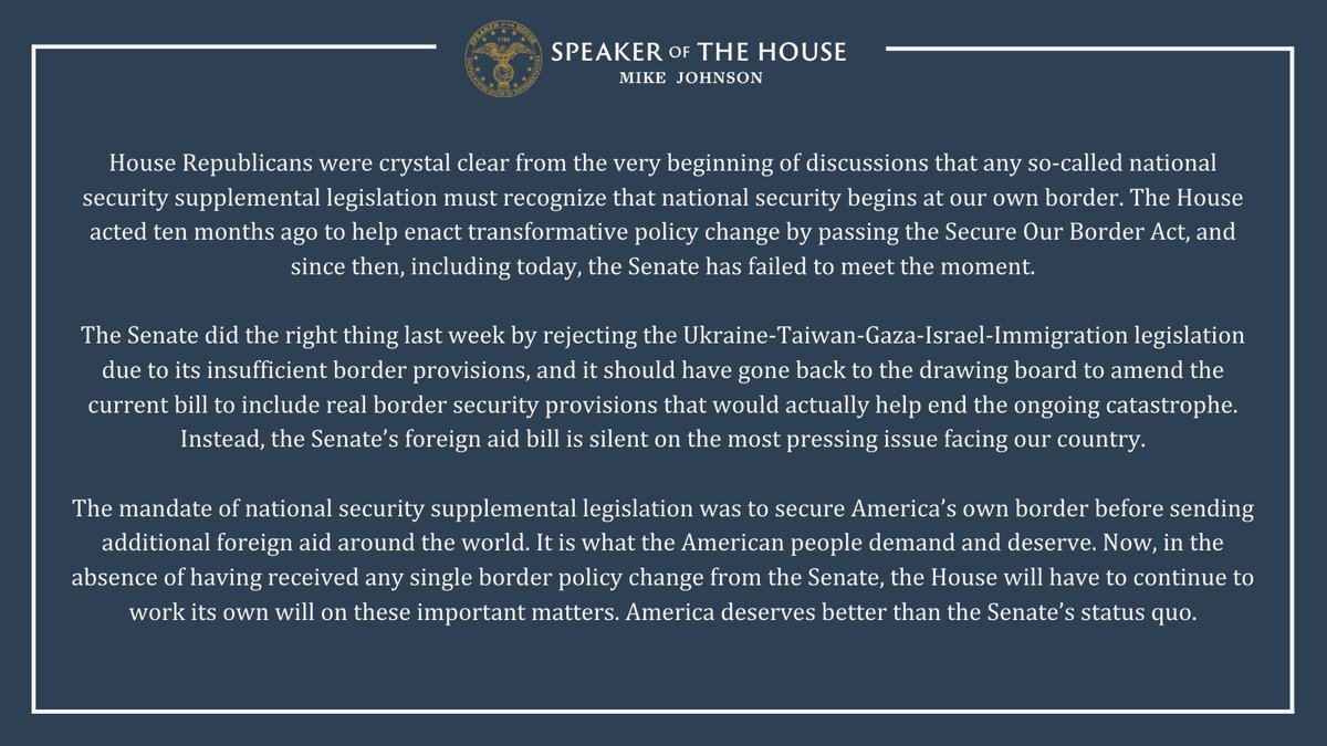 disclosetv's tweet photo. JUST IN - U.S. House Speaker Johnson dismisses the Senate's supplemental foreign aid bill. https://t.co/2pGRDuCVuS