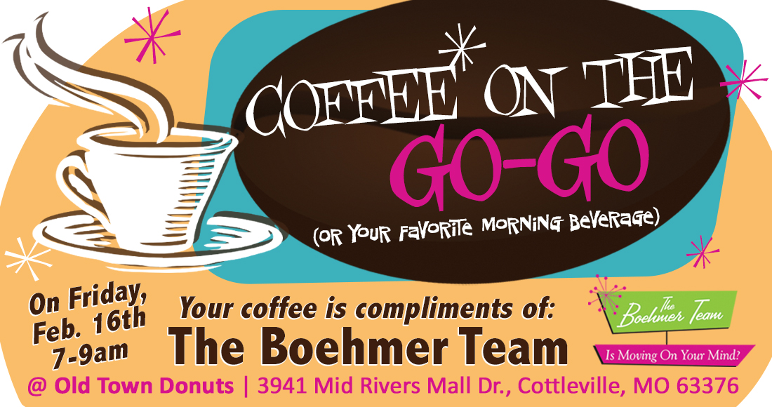 Enjoy  a coffee or beverage of your choice from Old Town Donuts compliments of  The Boehmer Team on Friday morning, February 16th from 7-9am.
#Cottleville #CottlevilleMo #TheBoehmerTeam